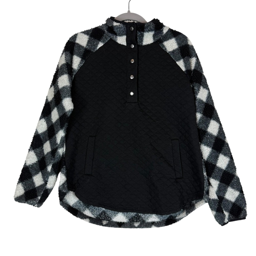 Maurices Sweater Womens Medium Black Plaid Fleece Quilted Snap Henley Pullover